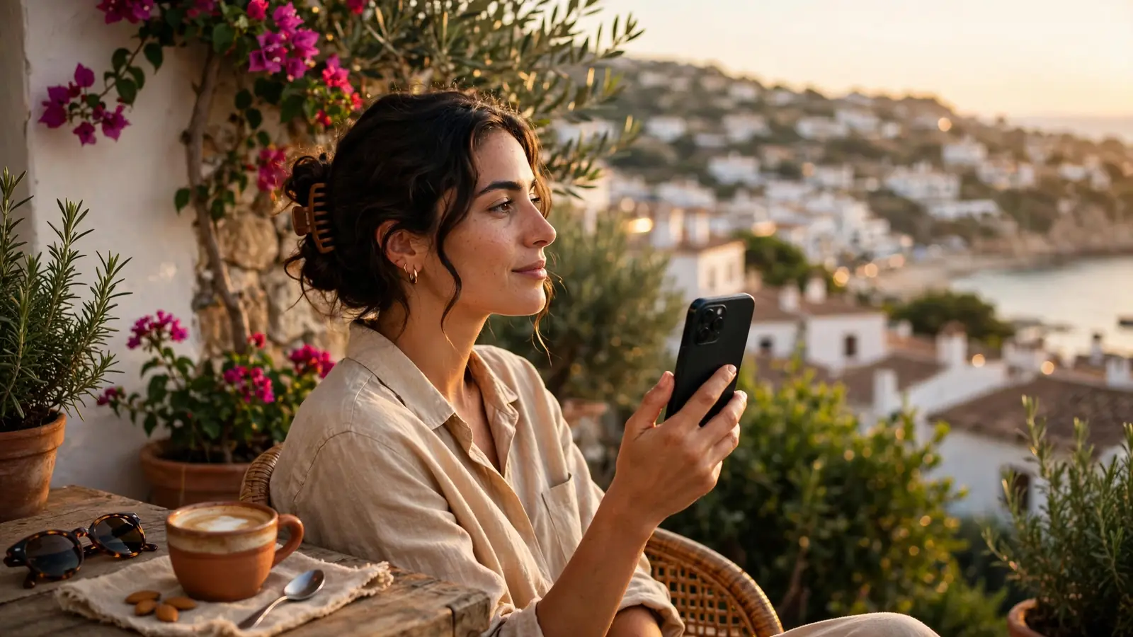 Mujer española relajada en terraza con su smartphone junto a una taza de café