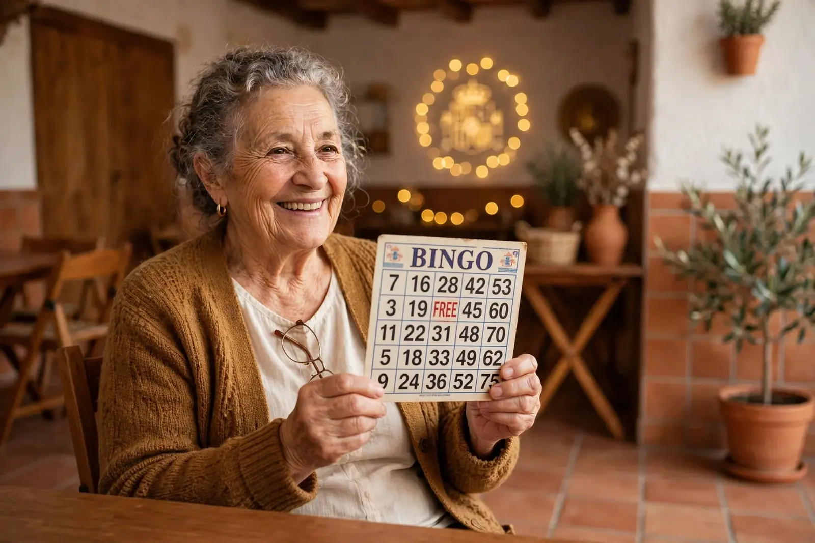 Mujer española mayor sosteniendo cartón de bingo en centro comunitario