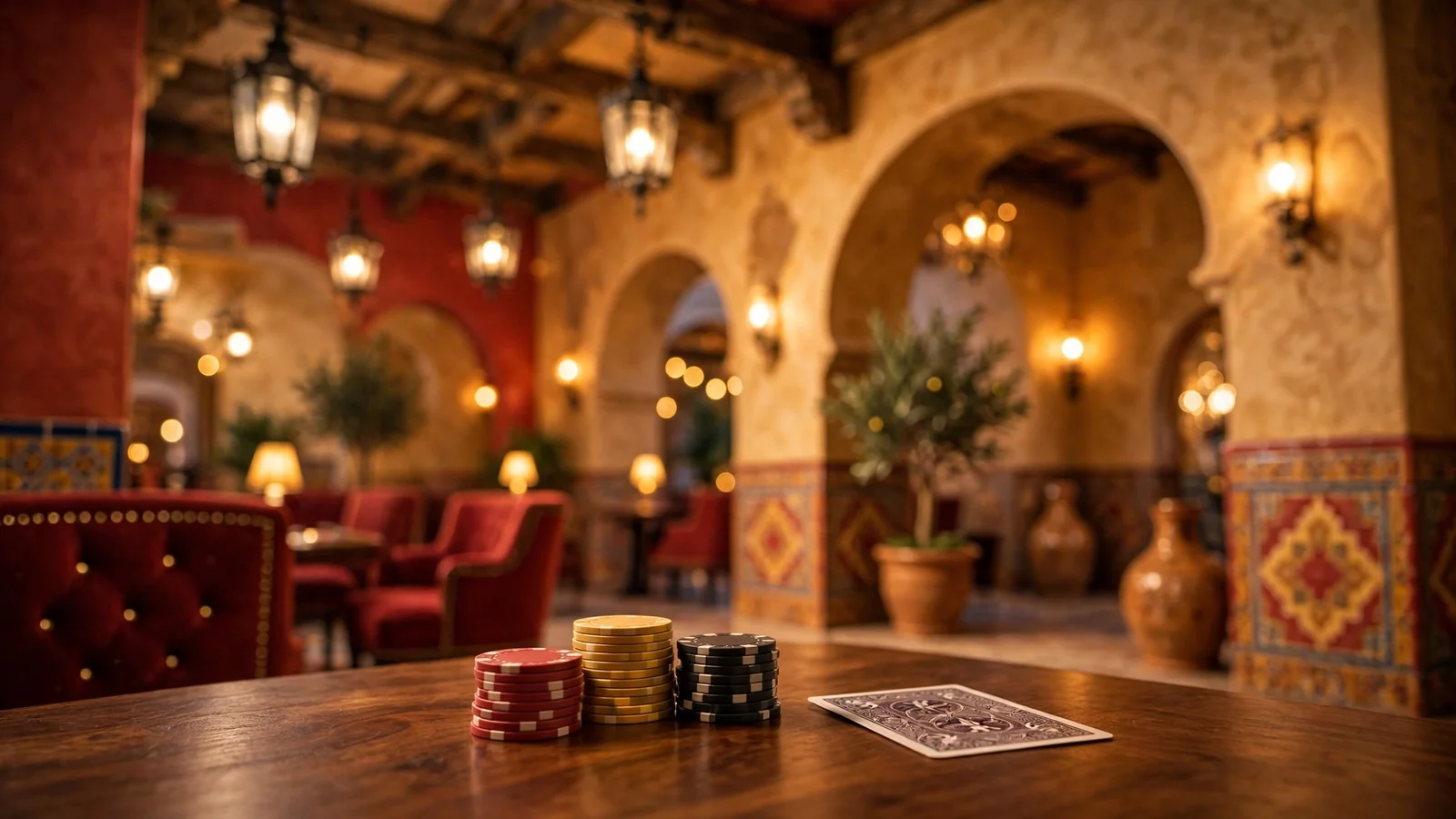 Mesa de casino elegante con fichas doradas y luz cálida