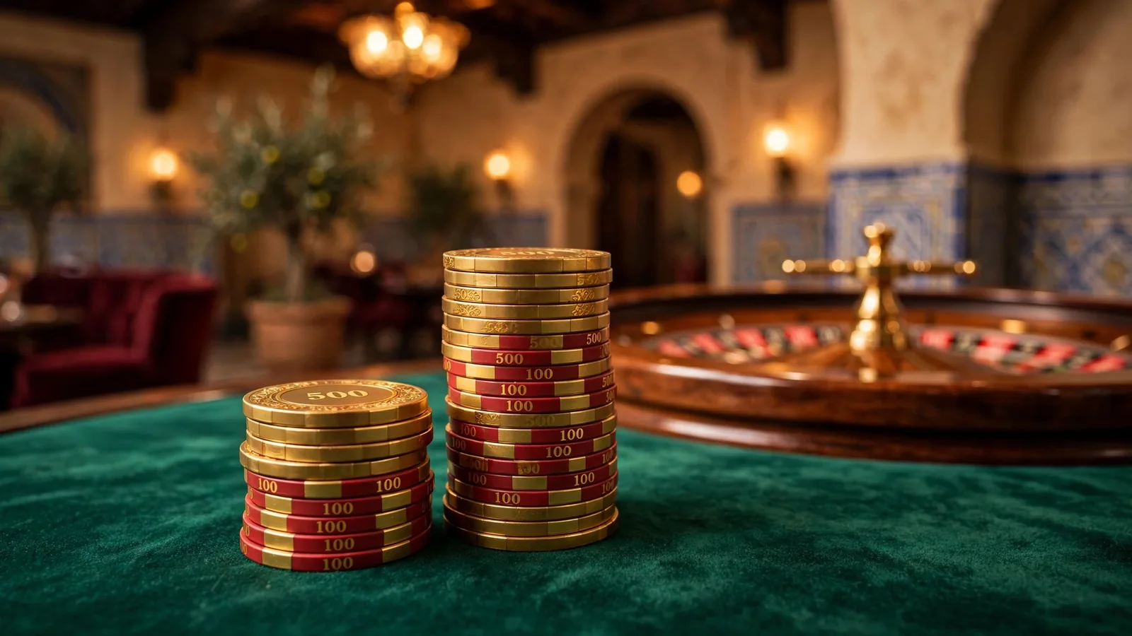 Dos pilas de fichas de casino doradas y rojas sobre una mesa de fieltro verde elegante