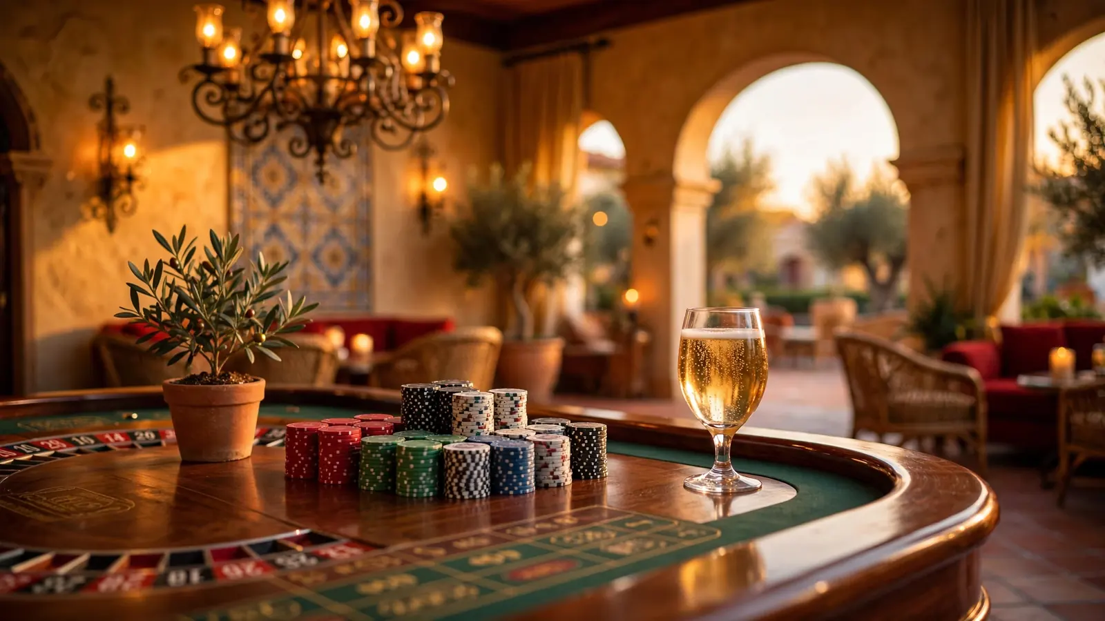 Mesa de ruleta con fichas de casino y copa de cava en salón español