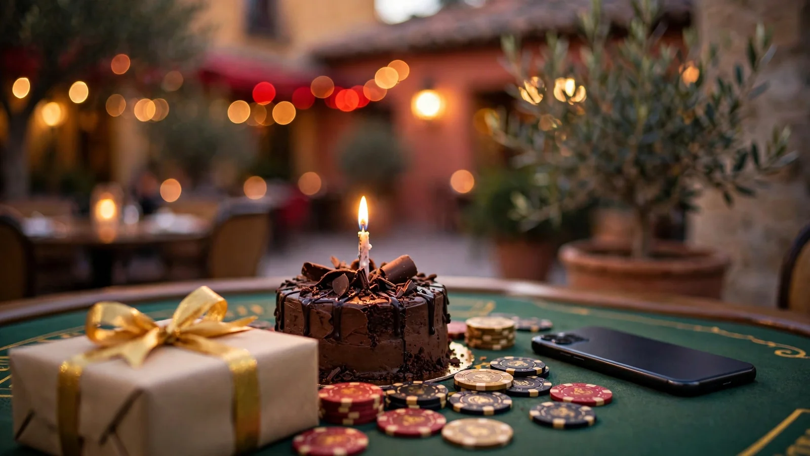 Mesa de cumpleaños con regalo, tarta y fichas de casino
