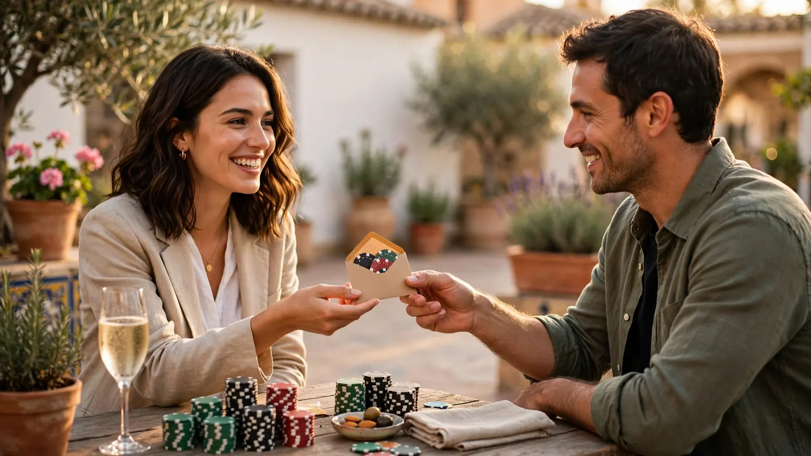 Sonrisa de una mujer recibiendo fichas de casino en una terraza española soleada