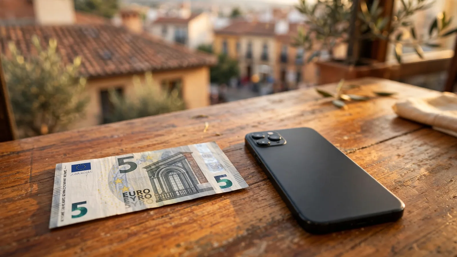 Un billete de cinco euros junto a un smartphone sobre una mesa de madera en un café español.