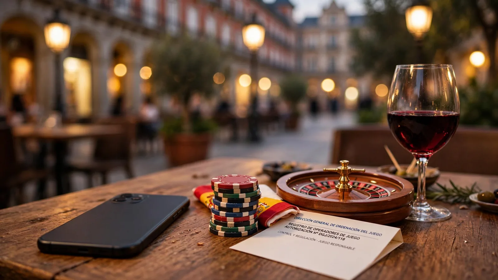 Mesa de café española con fichas de casino, ruleta y teléfono boca abajo al atardecer