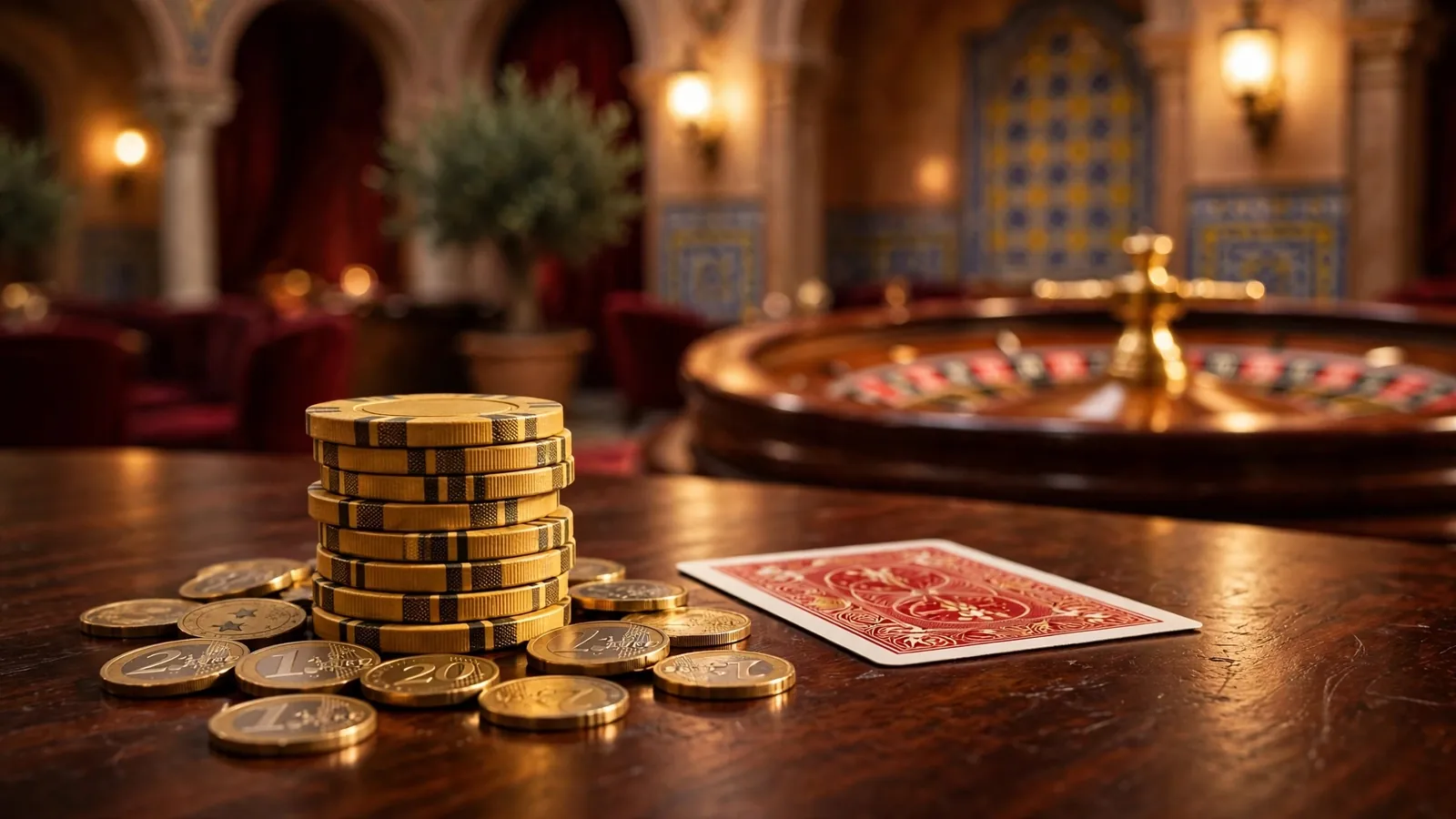 Apuesta de casino en mesa con fichas doradas y ruleta