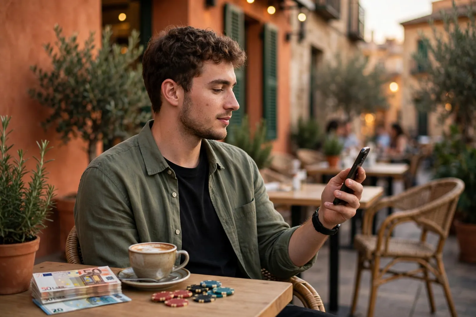 Persona en terraza española con móvil, fichas y euros