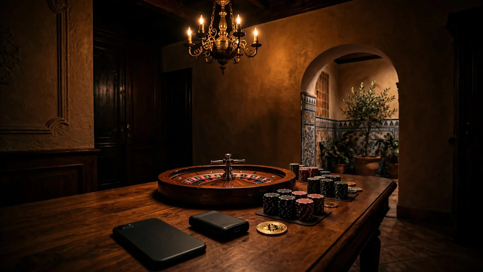 Mesa de ruleta con fichas, teléfono apagado y monedero de criptomonedas en ambiente español