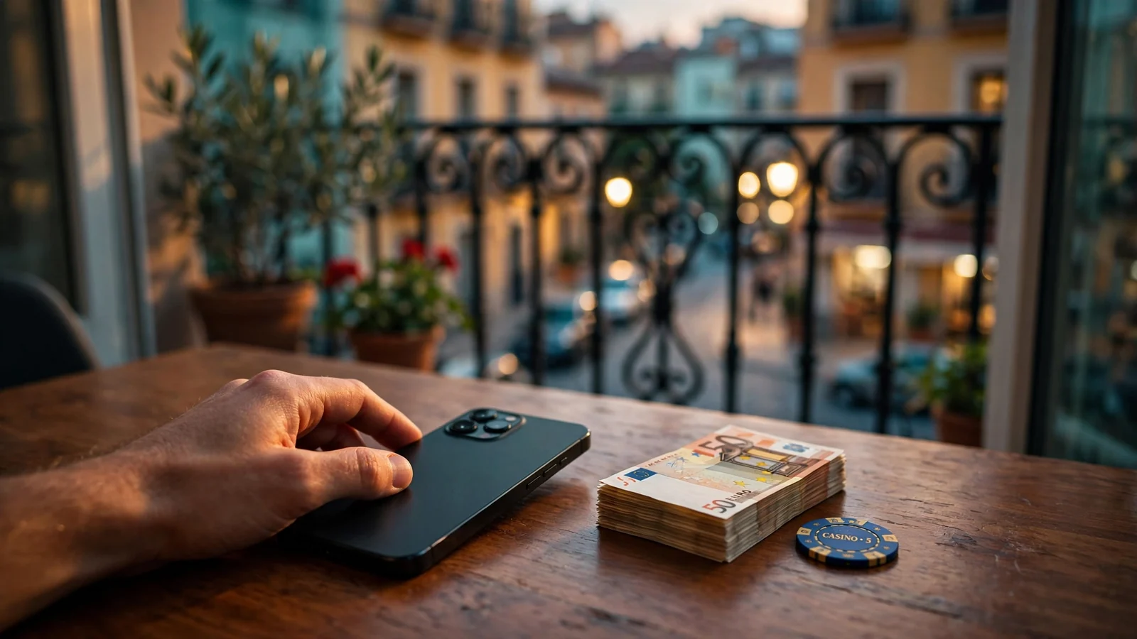 Mano con móvil junto a billetes de euros y ficha de casino en un apartamento español al atardecer