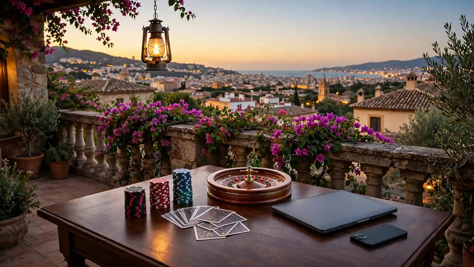 Mesa en terraza mediterránea española con fichas, cartas y ruleta junto a portátil cerrado al atardecer