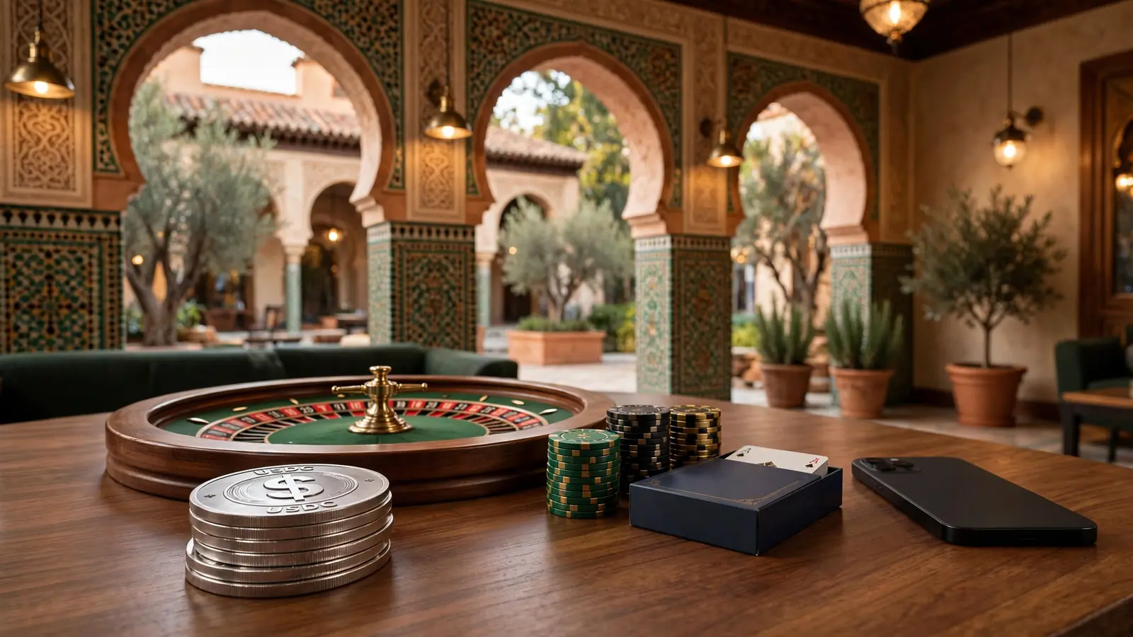 Mesa de casino con fichas USDC, ruleta y cartas bajo luz cálida