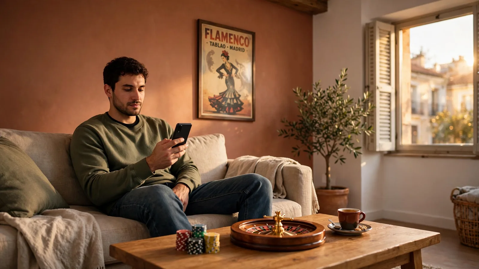 Persona en salón español con móvil Android, fichas de casino y ruleta sobre la mesa