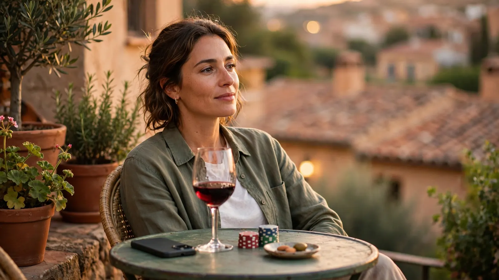 Móvil sobre mesa de terraza española con fichas de casino y copa de vino