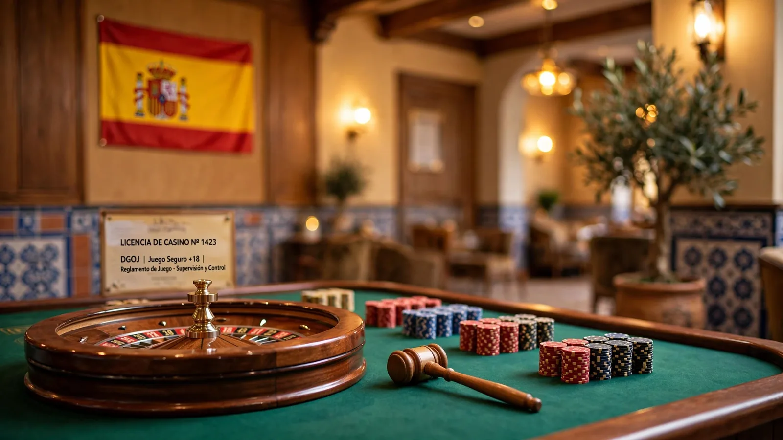 Mesa de casino española con fichas, ruleta cerrada y maza de regulación