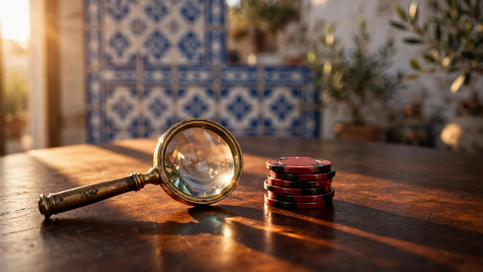 Lupa de latón junto a fichas de casino sobre mesa de madera con azulejos españoles al fondo