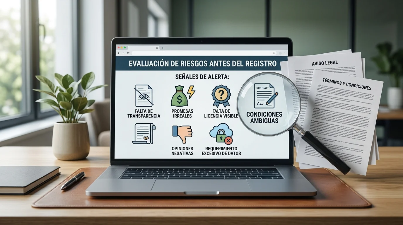 Lista de señales de riesgo junto a una pantalla con advertencias de seguridad